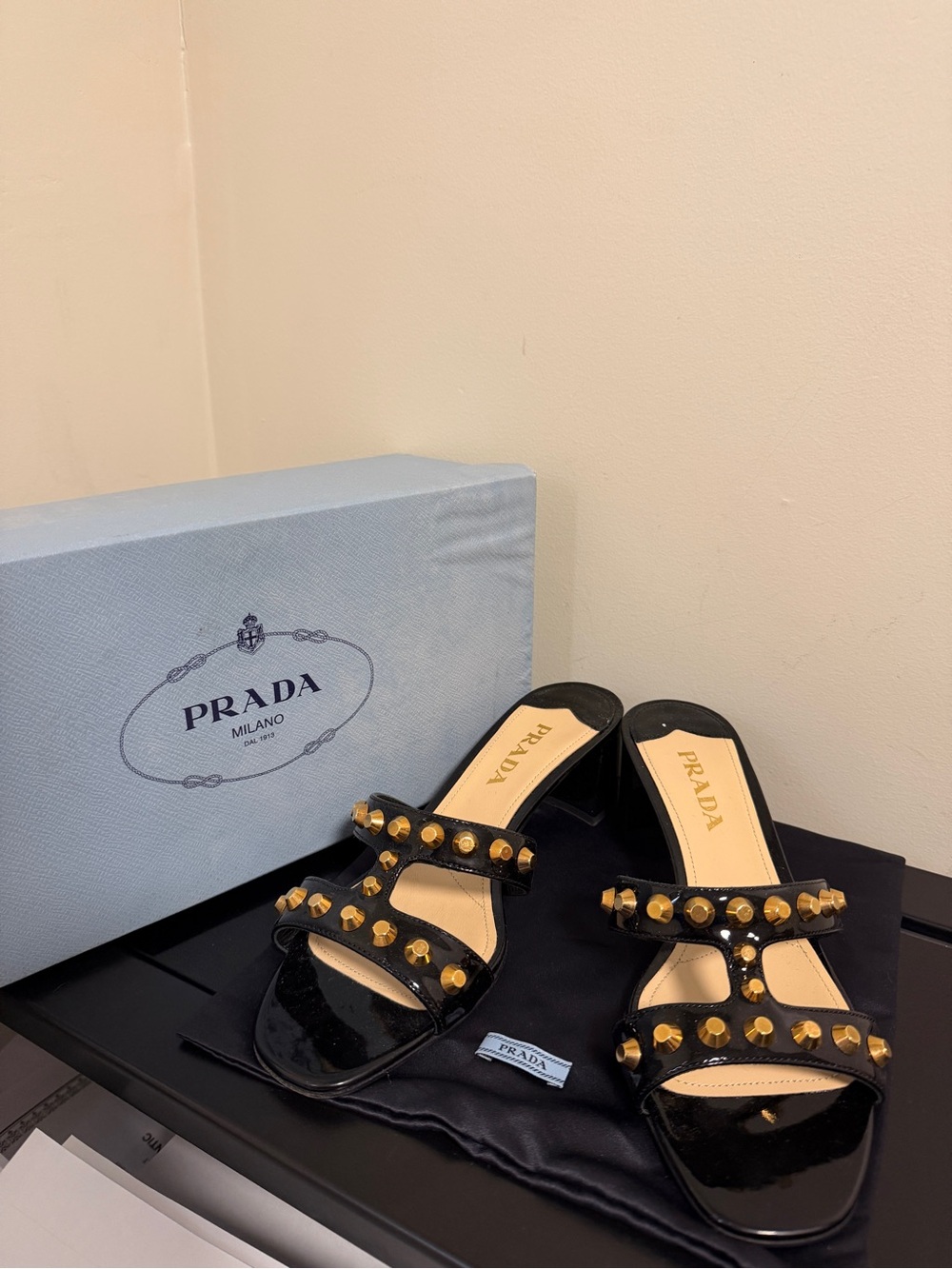 Prada Black Patent Leather Heels with Gold Studs 37 authentic